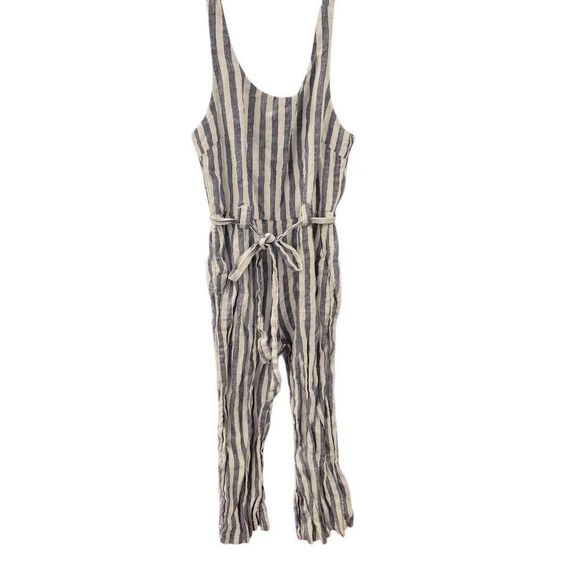 Rachel Zoe Women's White & Blue Linen Striped Romper with Pockets, Sash & Adjust - Picture 2 of 15